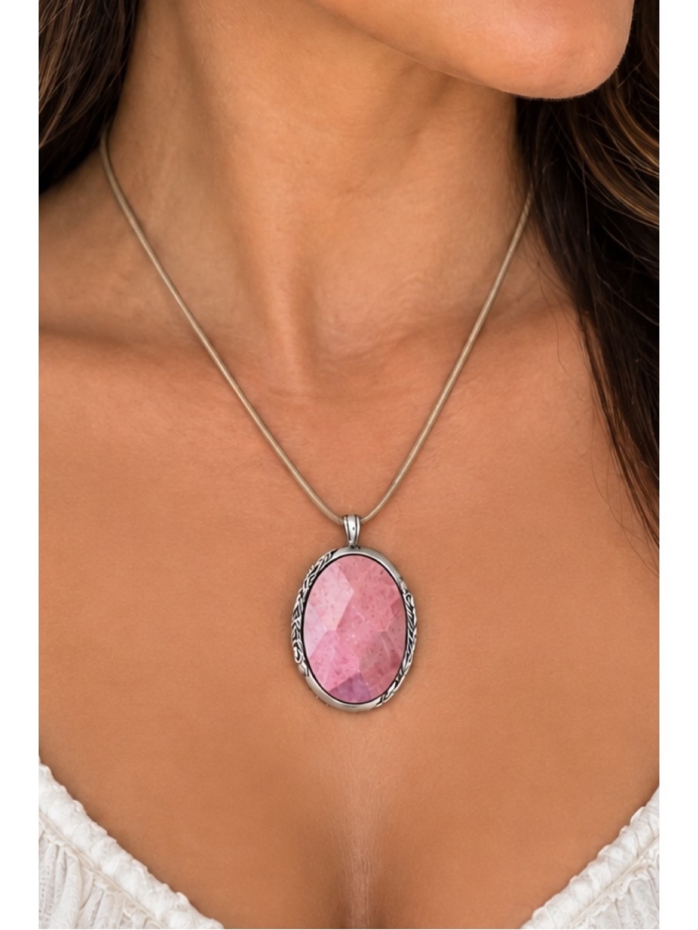 Lucky Brand Pink Oval Stone Pendant Necklace w/ Feather Design on Back